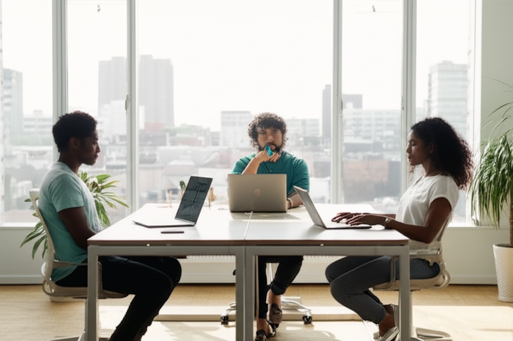 Growing startup team working together